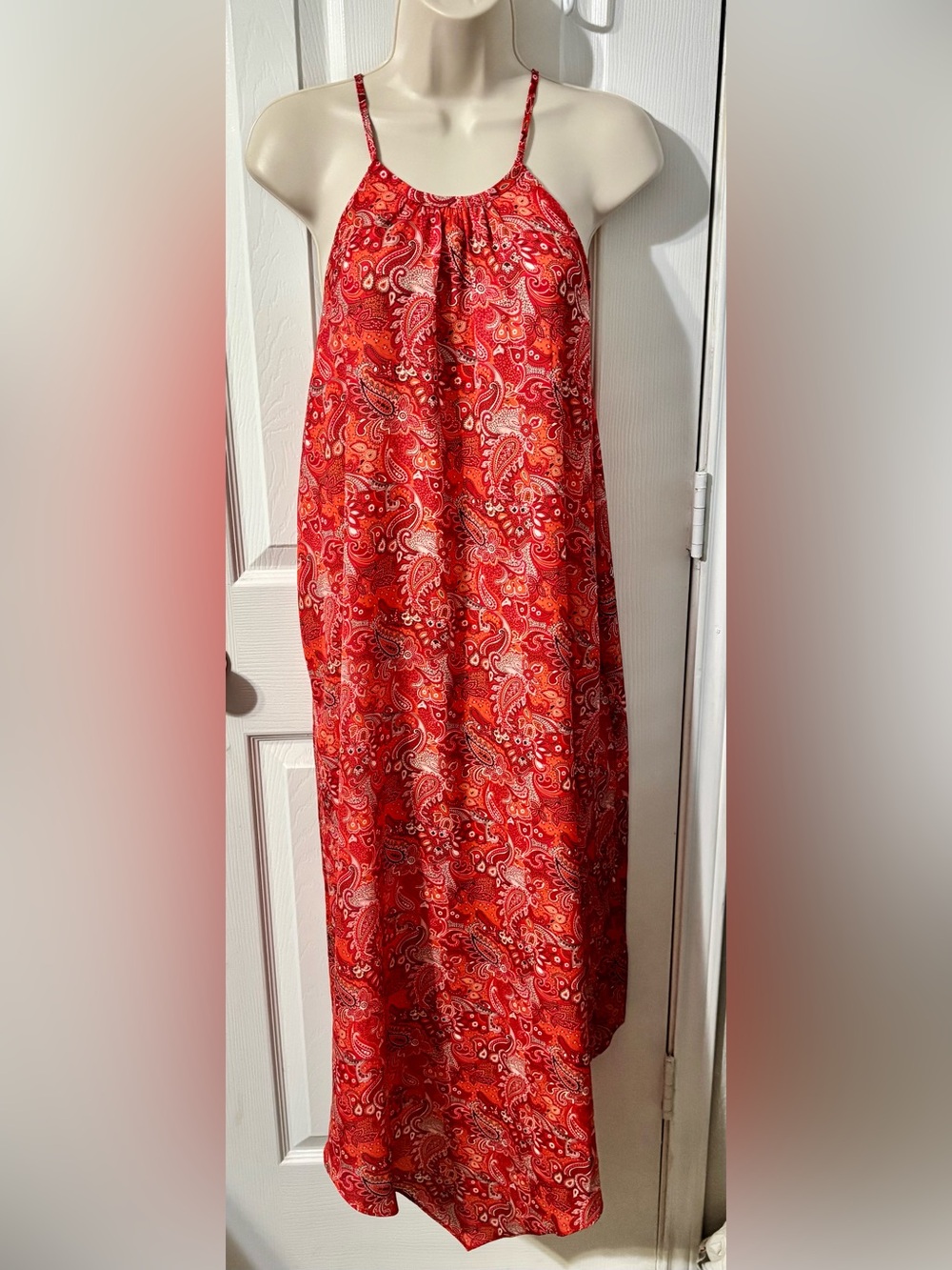 C Wonder Women’s Paisley Halter Maxi Dress Orange Red White Sleeveless Size M